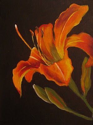 Tiger Lily Painting Acrylics, Flower Drawing Acrylic, Orange Room Ideas, Lily Painting Acrylic, Tiger Lily Painting, Earthy Paintings, Lilly Painting, Orange Paintings, Cadmium Orange