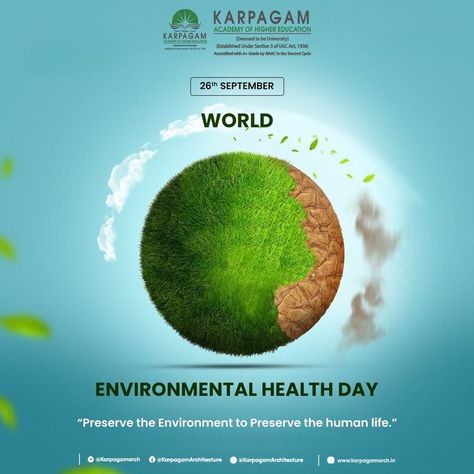 We know that our health and environmental health remain inextricably linked, and protecting our environment gives peaceful and healthy life to future generations. On this World Environmental Health Day, we at Karpagam Architecture spread awareness about the importance of our environment and how it will impact our lives. #climatechangeisreal #environmentalawareness #happyenvironmentday #environmental #worldenvironmentday #climatechange #ARCH #Karpagam #Architecture World Environment Health Day Posters, World Environment Health Day, World Environmental Health Day, Happy Environment Day, Happy World Environment Day, World Environment Day, Environment Day, Clean Environment, Health Day