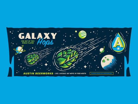 Galaxy Hops moon stars illustration beer spaceship comet space planets hops galaxy Rocket Animation, Paper Rocket, Beer Graphic Design, Beer Can Design, Craft Beer Packaging, Beer Bottle Design, Brewery Design, Beer Label Design, Sour Beer