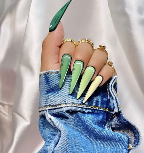 Comic Style Nails, Nails Cartoon Design, Cartoon Nails Design, Cartoon Nails Art, Green Cartoon Nails, Nail Stilleto Ideas Green, Acrylic Nail Designs Stiletto, Green Stiletto Acrylic Nails, Comic Nails Designs