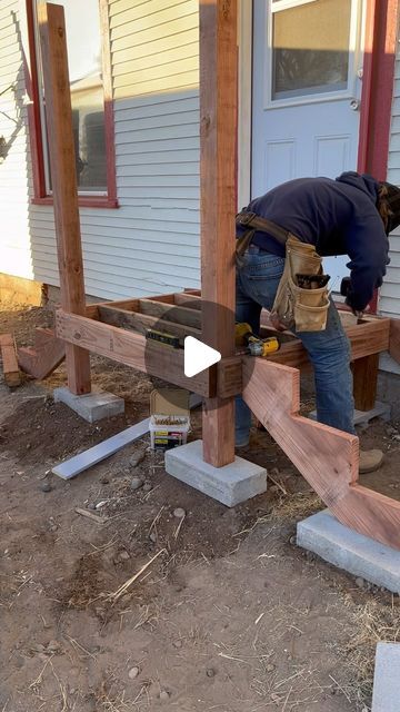 Building A Porch On A Budget, Timber Frame Porch Covered Patios, How To Build A Small Porch, Small Wood Porch, Porch Building Ideas, Deck Diy Ideas, Diy Back Porch Ideas, Front Porch Building Ideas, Porch Stair Railing Ideas