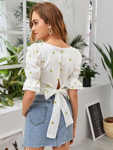 Top Designs For Women Western, New Top Designs For Women, Top Designs For Women, Tie Back Blouse, Embroidery Square, Stylish Short Dresses, Trendy Dress Outfits, Fashion Tops Blouse, Everyday Fashion Outfits