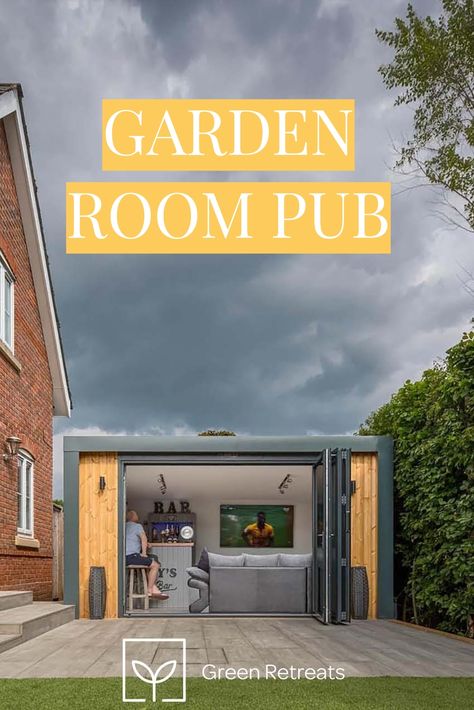 CASE STUDY: The Garden Bar that Dean has created is a unique space that every member of the family can enjoy. The bar has been given the name ‘Davy’s Bar’ after their late much-loved family dog – we love this! Read more... Garden Room Bar Ideas, Garden Pub Ideas, Garden Bar Ideas, Ideal Home Magazine, Outdoor Entertaining Spaces, Garden Bar, Garden Studio, Mounted Tv, Wall Mounted Tv