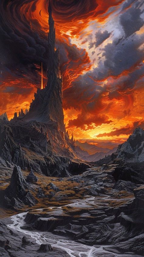 The Licanius Trilogy Fanart, Volcano Castle Fantasy Art, Mordor Painting, Dark Fantasy Landscape Art, Rings Fantasy Art, Tolkien Landscape, Lord Of The Rings Landscape, Mordor Art, Mordor Lord Of The Rings