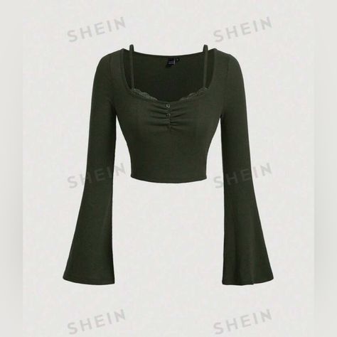 Dark Green Crop Top With Long Flare Sleeved Sweetheart Neckline With Three Button, Contrast Lace And Ruched Slim Fit Slightly Stretchy, Knitted Fabric 61% Polyester, 33% Viscose Dark Green Crop Top, Black Corset Top, Black Cropped Tank, Body Outfit, Green Crop Top, Flared Sleeves Top, Blouse Material, Long Crop Top, Crop Top Sweater