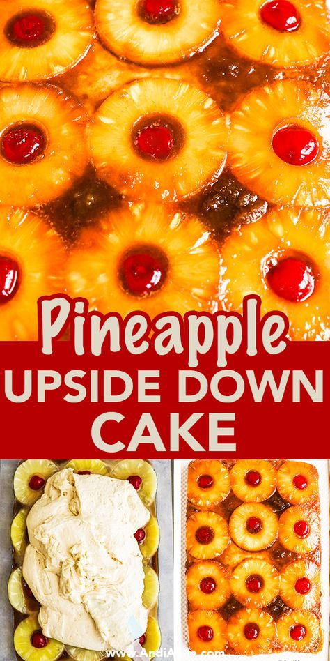 This classic pineapple upside down cake is deliciously addictive! It’s baked with the pineapple layer on the bottom of the pan and the cake layer on top. Once it has baked and cooled, the entire cake is flipped over to show the most beautiful pineapple cherry decoration. 8x8 Pineapple Upside Down Cake, Caramel Pineapple Upside Down Cake, Pineapple Cake With Cake Mix Boxes, Pineapple Turnover Cake, Pineapple Upside Down Sheet Cake, Best Pineapple Upside Down Cake Recipe, Pinnacle Upside Down Cake, Up Side Down Pineapple Cake Recipes, Pineapple Upside Down Cake Recipe From Scratch