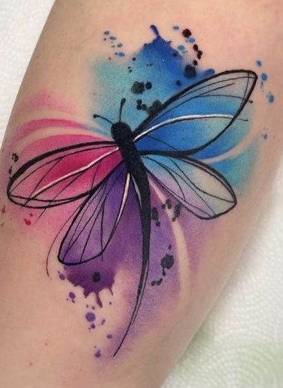 Simple Watercolor Tattoo, Colourful Dragonfly Tattoo, Watercolor Background Tattoo, Watercolour Tattoo For Women, Dragonfly Tattoo Color, Watercolor Tattoo Design, Watercolor Dragonfly Tattoo, Small Inspirational Tattoos, Dragonfly Watercolor