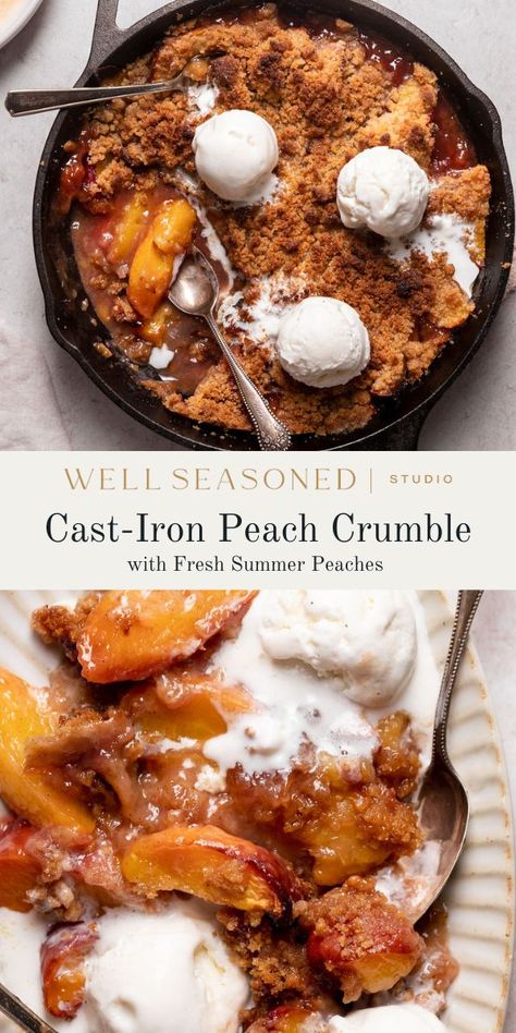 Homemade Peach Crumble is the perfect summer dessert for easy entertaining! Assemble the filling made with fresh peaches in a cast-iron skillet or baking dish, then top with the buttery, crunchy topping. Easier than pie, but every bit as delicious. Serve the warm peaches with a scoop of vanilla ice cream or whipped cream. #wellseasonedstudio #peachcrumble #peach #dessert Peach Dessert, Frozen Peaches, Blueberry Crisp, Peach Crumble, Baked Peach, Summer Baking, Peach Desserts, Fresh Peaches, Canned Peaches