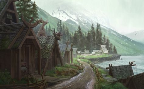 Viking Village, Tyson Roberts on ArtStation at https://www.artstation.com/artwork/4eRKq Viking Village, Fantasy Village, Mountain Aesthetic, Fantasy Town, Bg Design, Medieval Village, Landscape Concept, Fantasy City, Fantasy Setting