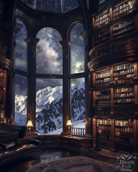 Feyre Bedroom Night Court, Library At Night, 2 Story Bedroom, Fantasy Library Aesthetic, Night Court Aesthetic, Library Artwork, Acotar Night Court, Historical Library, Fantasy Library