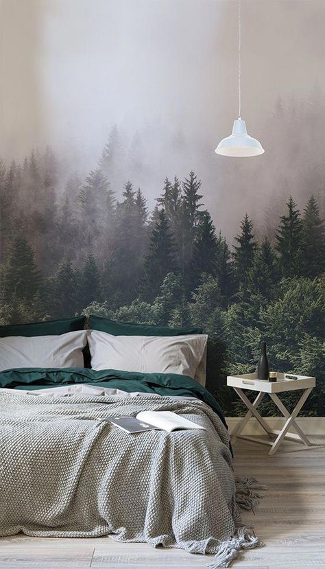 Forest Wallpaper Bedroom, Bedroom Moodboard, Forest Mural, Green Interior Design, Themed Rooms, Future Room, Small Bedroom Designs, Side Tables Bedroom, Trendy Bedroom