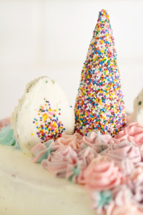 Unicorn Cake with Rainbow Layers - Frugal Mom Eh! Sprinkle Unicorn Cake, Unicorn Cake Design, Diy Unicorn Cake, Cake With Rainbow, Ear Shapes, Unicorn Sprinkles, Cake Mix Ingredients, Unicorn Themed Birthday Party, Cake Decorating For Beginners