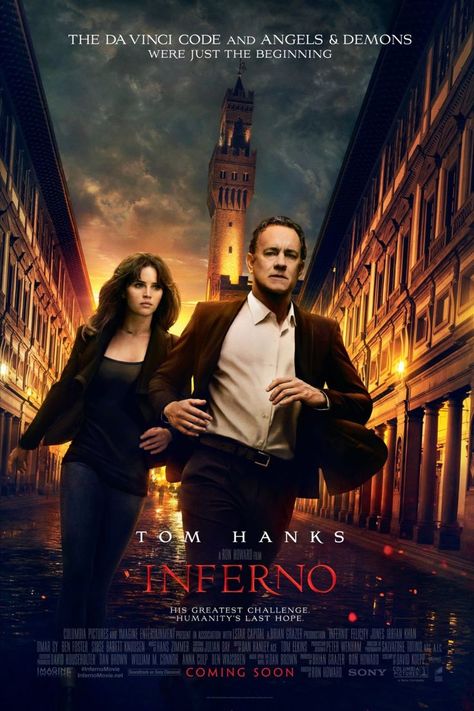 The poster of "Inferno" by Ron Howard, from the bestselling book by Dan Brown, filmed in Florence. Inferno Movie, Coming Soon Picture, Rick Yune, Mickey Cohen, Robert Langdon, Tom Hanks Movies, Tam Film, Nick Offerman, Jon Hamm