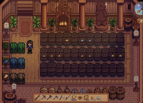 Cellar Design Stardew Valley, Stardew Basement Ideas, Wine Cellar Stardew Valley, Sdv Cellar, Cellar Layout Stardew, Stardew Kitchen Ideas, Stardew Cave Design, Basement Stardew Valley, Stardew Valley Regular Farm Layout