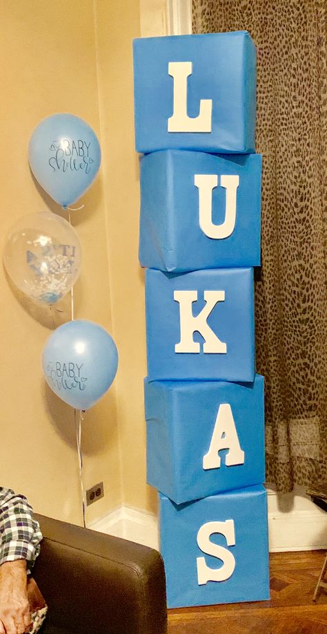 Heaven Sent Boy Baby Shower Theme (blocks with the name) Baby Shower Nene, Balloon Baby Shower Decorations, Diy Baby Shower Decorations Boy, Ideas Para Baby Shower, Baby Boy Decorations, Birthday Decorations At Home, Diy Baby Shower Decorations, Welcome Home Baby, Simple Birthday Decorations