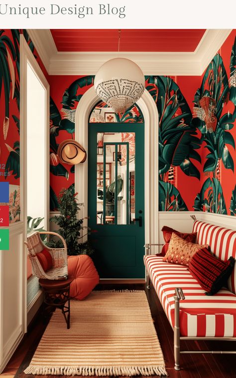 Entryway Flooring Ideas, Tropical Leaf Wallpaper, The Block Australia, Eclectic Entryway, Striped Couch, Rug With Tassels, Style Entryway, Australia Wallpaper, Red Dining Room