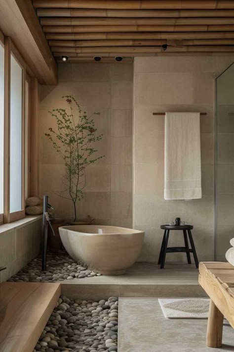 bathrooms scandi Bathroom Natural Stone, Scandinavian Bathroom Ideas, Scandinavian Bedroom Ideas, Estilo Japandi, New Bathroom Designs, Japandi Interiors, Zen Bathroom, Japandi Design, Scandinavian Bathroom