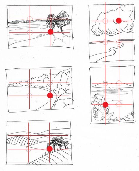 composition, rule of thirds, landscape painting, clair bremner, art tutorial: Clair Bremner, Composition Ideas, Composition Drawing, Art Theory, Art Basics, Art Worksheets, Principles Of Art, Perspective Art, Rule Of Thirds