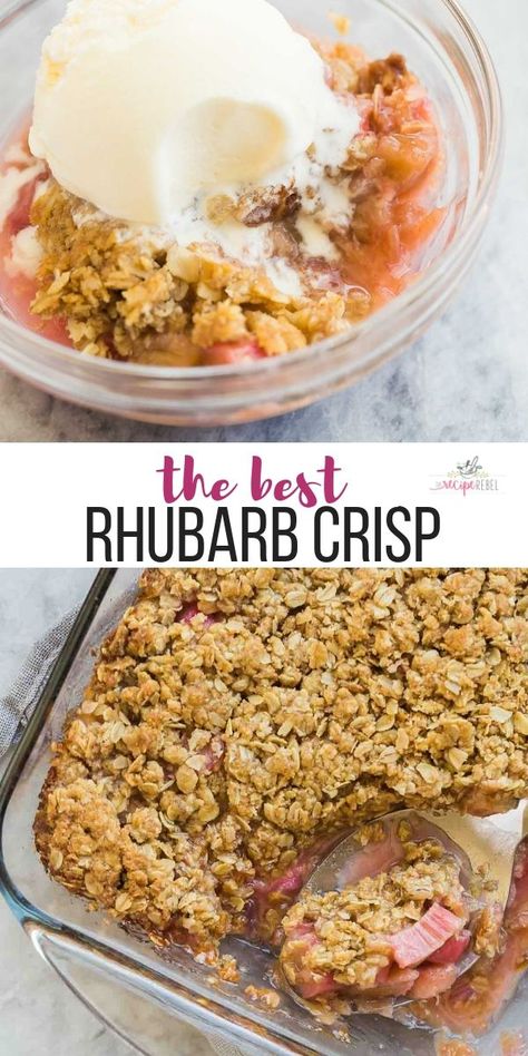 This Rhubarb Crisp recipe is loaded with brown sugar streusel, and bakes up with a crispy, crunchy oatmeal topping! It is sweet and tart and just begs for a big scoop of vanilla ice cream. Includes step by step RECIPE VIDEO so you can follow along when you’re making it! #rhubarb #baking #dessert #recipe #recipes #dessertrecipe | easy crisp recipe | summer dessert | easy dessert recipe Easy Rhubarb Recipes, Rhubarb Crisp Recipe, Crunchy Oatmeal, Rhubarb Desserts Recipes, Best Rhubarb Recipes, Rhubarb Recipes Crisp, Oatmeal Toppings, Strawberry Crisp, Dessert Oreo