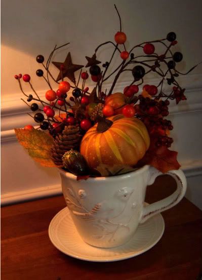 . Fall Tea Cup Arrangements, Fall Teacup Crafts, Seasonal Centerpieces, Autumn Centerpieces, Holiday Crafts Decorations, Fall Tea, Teacup Crafts, Pumpkin Arrangements, Fall Vignettes