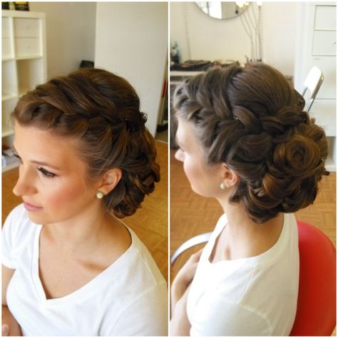 Bridal Hair Updo Front View Braid, Side Bun Bridesmaid Hair, Side Braid Updo Wedding, Curly Side Bun Wedding Hair, Side Updos For Long Hair, Front Updo Hairstyles, Bridal Hair Updo Front View, Grecian Wedding Hair, Wedding Makeup Glam