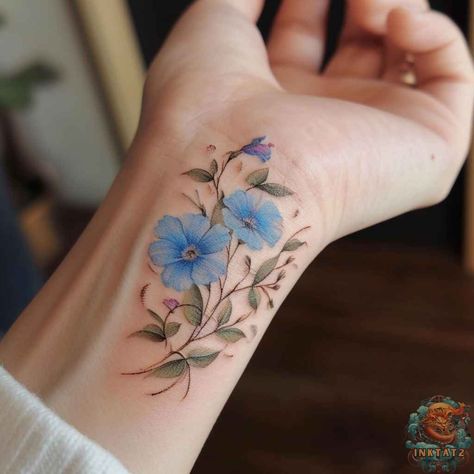 Rise and Shine: The Meaning and Beauty of Morning Glory Tattoos: 113 Designs - inktat2.com Morning Glory Bracelet Tattoo, Morning Glories Tattoo, Morning Glory Vine Tattoo, Forget Me Not Tattoos, Morning Glory Flowers Tattoo, Forget Me Not Flower Tattoo, Aster Tattoo, Morning Glory Tattoo, Forget Me Not Tattoo