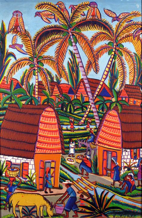 Village Scene, 1960, oil on board, Montas Antoine, Port-au-Prince, Haiti Haitian Culture, Haitian Food, Haitian Art, Caribbean Art, Hawaiian Art, Village Scene, America Art, Big Art, Tropical Art