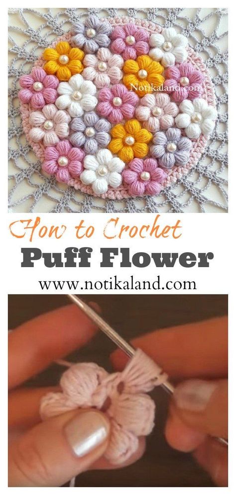 Puff Flower Free Crochet Pattern  #freecrochetpattern #crochetpattern   #flowerpattern Diy Crochet Flowers Tutorial, Diy Crochet Flowers, Flower Stencils, Crochet Roses, Easy Puff, Puff Flower, Crochet Puff Flower, Dolls Crochet, Afghans Crochet