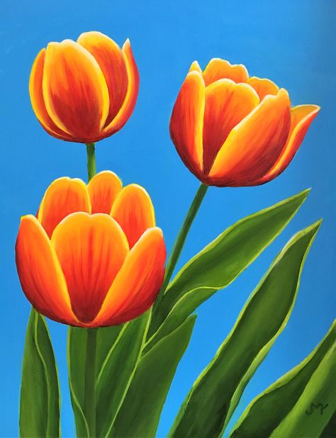 Oil Pastel Art For Beginners Flowers, Tulips Painting Easy, Tulip Painting Acrylic Easy, Tulip Paintings, Sunset Canvas Painting, Acrylic Flower Painting, Easy Acrylic Painting, Tulip Painting, Acrylic Painting Flowers