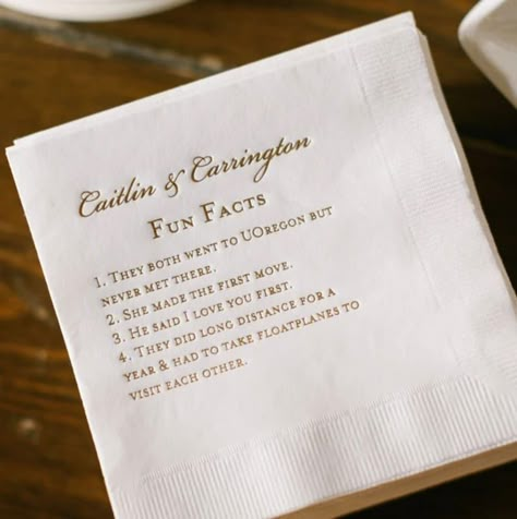 Fun Facts Personalized Wedding Napkins Bridal Shower Rehearsal Dinner Engagement Party Napkins Wedding Bar Napkins - Etsy Love Letter Napkins Wedding, Fun Wedding Inspiration, Wedding Special Ideas, Unique Wedding Elements, Custom Wedding Napkins Fun Facts, Welcome Party Cocktail Napkins, Wedding Napkins Ideas, Embossed Napkins Wedding, Personalized Wedding Touches