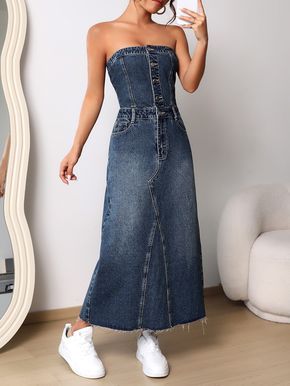 Denim Dress Outfit, Strapless Denim Dress, Marine Uniform, Denim Maxi Dress, Womens Denim Dress, Diy Vetement, Rock Outfit, Moda Jeans, Women Denim Jeans