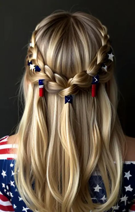 Default long 4th of july hairstyles for blondes 2 White And Blue Braids, Forth Of July Hairstyle, Cute 4th Of July Hairstyles, Patriotic Hairstyles, Hairstyles For Blondes, 4th Of July Hairstyles, July Hairstyles, Blue Braids, Aesthetic Hairstyles