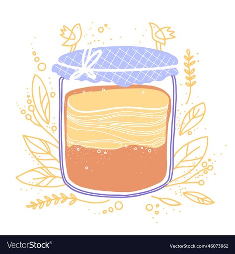 Scoby Hotel, Kombucha Labels, Tea Vector, Kombucha Tea, Homemade Tea, Hand Drawn Vector, Cartoon Style, Kombucha, Glass Jar