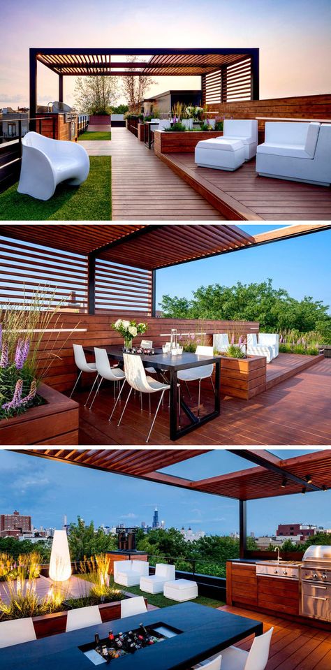 This rooftop entertaining area has all the essentials for hosting a party including ample lounge seating, an outdoor kitchen and dining table located under a pergola, and soft mood lighting. Rooftop Garden Urban, Rooftop Patio Design, Backyard Dining, Terrasse Design, Rooftop Terrace Design, Rooftop Design, Rooftop Patio, Relaxing Atmosphere, Rooftop Deck