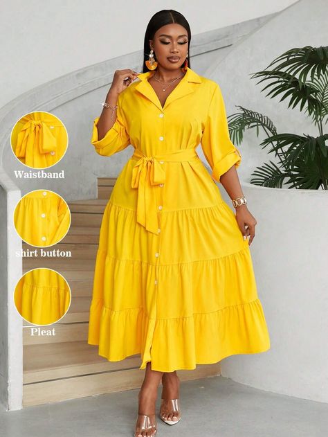 Yellow Long Dress, Fashion Dresses Online, Plain Shirt, Women Maxi, Lookbook Outfits, Belted Dress, Yellow Dress, Ruffle Hem, Plus Clothing