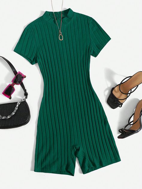 Verde Oscuro Casual Collar manga corta Tela tejida Liso Mono ajustado Embellished Elástico Ligero Short Jumpsuit Outfit, Comfy Jumpsuits, Jumpsuit Outfit, Knitted Romper, Cute Simple Outfits, Short Jumpsuit, Rompers Women, Simple Outfits, Chic Outfits