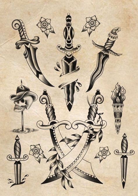 Dagger Drawing, Traditional Tattoo Black And White, Traditional Dagger Tattoo, Traditional Dagger, Traditional Black Tattoo, Traditional Tattoo Old School, Knife Tattoo, Flash Tattoo Designs, Old School Tattoo Designs