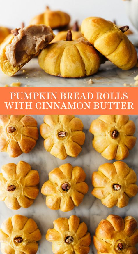 Pumpkin Bread Rolls stuffed with Cinnamon Butter are slightly sweet and festive with their adorable pumpkin shapes. Homemade, from-scratch recipe that is soft and surprisingly easy to make. Your family will LOVE these during fall or Thanksgiving dinner! #breadroll #thanksgivingdinner #pumpkinbread #pumpkinbreadrolls #cinnamonbutter Rolls With Cinnamon Butter, Pumpkin Recipes Easy Dinner, Pumpkin Bread Rolls, Pumpkin Roll Recipe Easy, Thanksgiving Dinner For Two, Pumpkin Shapes, Thanksgiving Bread, Pumpkin Rolls, Pumpkin Rolls Recipe