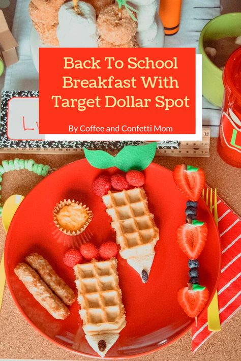 Back to School Breakfast with decorations from Target Dollar Spot. Create excitement in your home for the first day of school with a fun themed breakfast. #backtoschool #backtoschoolbreakfast #firstdayofschool #firstdayofschooltraditions #familytraditions #targetdollarspot #firstdayofschoolbreakfast #pancakestack #pencilwaffles #appleaday First Day Of School Breakfast Decor, First Day Of School Breakfast Kids, First Day Of School Food Ideas, Back To School Brunch For Kids, 1st Day Of School Breakfast For Kids, School Themed Breakfast, First Day Of School Meals, First Day Breakfast, First Day Of School Party At Home