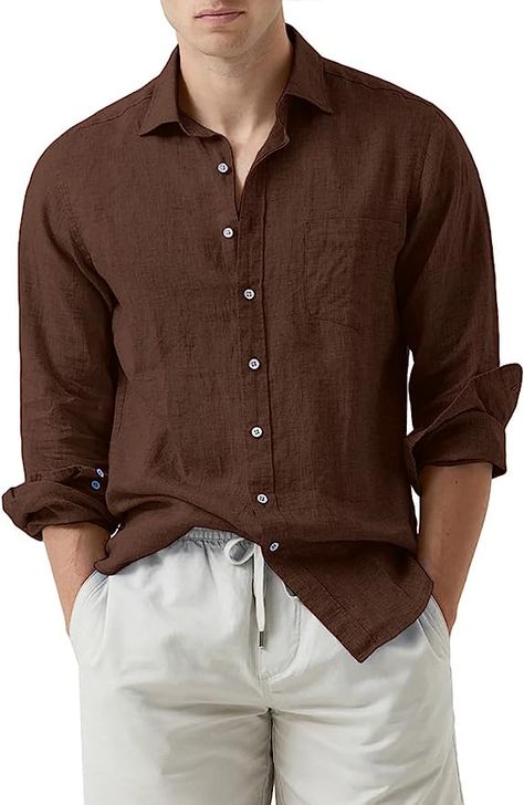 Features: These men's cotton linen shirts are solid in color and feature a button-down design. They are perfect for casual wear and can be worn as 3/4 sleeves or full sleeves, allowing for different styles. Design: With a classic and stylish design, our men's shirts are suitable for casual business occasions. The slim fit and button-down style give you a clean and fashionable look, while the textured cotton linen fabric adds a touch of sophistication. Long Sleeve Dress Shirts, Fall Outfits Men, Linen Shirt Men, Mens Linen, Linen Casual, Casual Stylish, Cotton Linen Fabric, Mens Fall, Men's Wardrobe