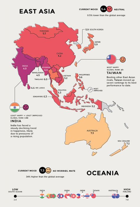 East Asia: The most and least happy countries around the world (2019) - Vivid Maps East Asia Map, Feudal System, China Country, Saraswati Photo, Civil Services, Asia Map, 7 Continents, Reading Data, Bee Tattoo