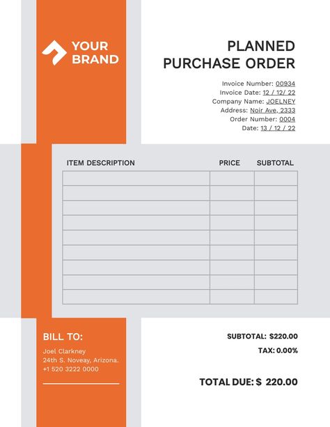 Planned Purchase Order Template Visme Tax Invoice Format, Purchase Order Template, Construction Invoice Templates, Order Template, Hotel Invoice Format In Excel, Purchase Invoice, Proforma Invoice Template, Delivery Pictures, Receipt Template