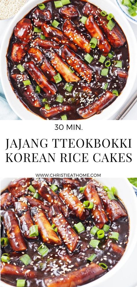 Jajang Tteokbokki. Korean rice cakes smothered in a roasted black bean onion sauce with bouncy fish cakes. The perfect snack or side dish. Ready in 30 minutes! #koreanrecipe #koreanfood #jajangtteokbokki #tteokbokki #ricecakes Sauce For Korean Rice Cakes, Tteok Recipe Ideas, Recipes For Rice Cakes, Sweet Tteokbokki Recipe, Black Bean Tteokbokki, Rice Cake Recipes Asian, Recipes Using Korean Rice Cakes, Korean Rice Cake Sauce, Vegan Korean Rice Cake Recipes