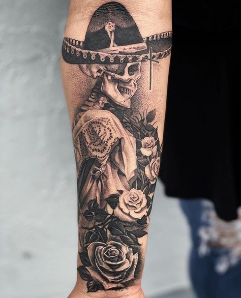 Mexican Arm Tattoo For Men, Mexico Related Tattoos, Skull Mariachi Tattoo, Mexican Tattoos Men, Mexican Tattoo Sleeve, Mexican Themed Tattoos, Charra Tattoos Mexican, Mexican Inspired Tattoos For Women, Mexican Sleeve Tattoo