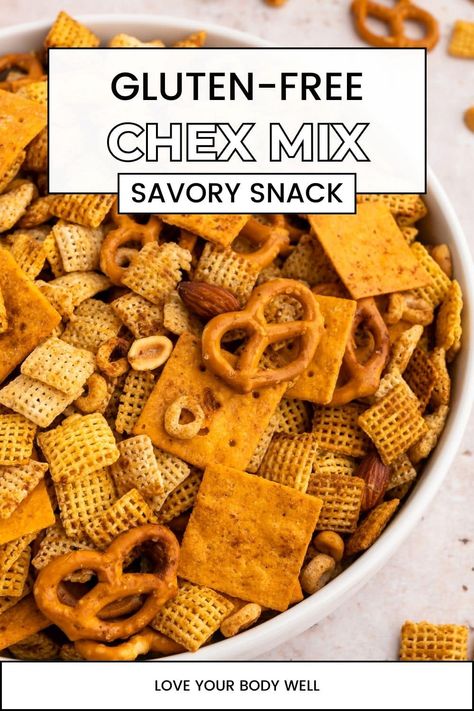 Gluten-Free Chex Mix Cheese Chex Mix Recipes, Gluten Free Chex Mix Recipes, Savory Chex Mix Recipes, Gluten Free Snack Mix, Savory Chex Mix, Gluten Free Dairy Free Snacks, Chex Party Mix Recipe, Salty Chex Mix, Homemade Chex Mix Recipe