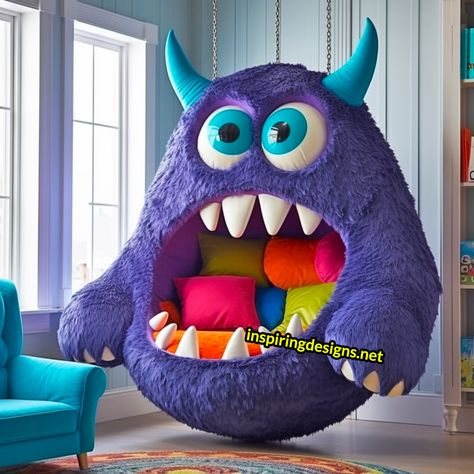 These Hanging Monster Loungers are the Roaring Trend Your Home Needs! Monster Room, Monster Shapes, Heaven Pictures, Kids Hammock, Bedroom Bedding Sets, Monster Mouth, Fluffy Cushions, S Curl, Unique Objects