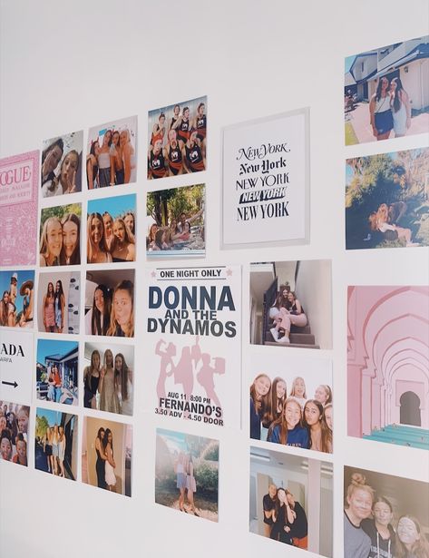 College Room Photo Wall, Dorm Walls Ideas, Dorm Photo Collage, Dorm Picture Wall, Room Photo Collage, Picture Wall Ideas Bedroom, Collage Apartment, Dorm Pictures, Dream Dorm Room