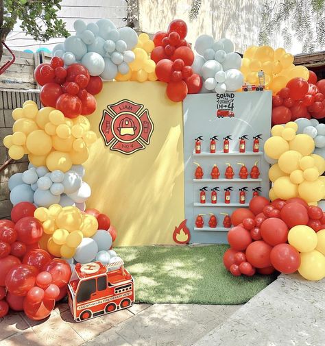 Fire Truck Birthday Balloon Arch, Firetruck Birthday Balloons, Fire Truck Birthday Backdrop, Birthday Party Firefighter, Modern Firefighter Party, Firefighter Birthday Backdrop, Firefighter Birthday Party Backdrop, Fireman 1st Birthday Party, Fire First Birthday