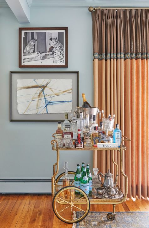 Dinning Spaces, Corey Damen Jenkins, Colored Stemware, Bar Cart Ideas, Hamptons Farmhouse, Bar Cart Design, Retro Bar Cart, Home Bar Setup, Fun Wine Glasses