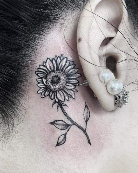 Rose Tattoo Behind Ear, Tattoo Behind The Ear, Tattoo Behind Ear, Sunflower Tattoos, Tattoo Cover-up, Sunflower Tattoo, Cover Up Tattoos, The Ear, Rose Tattoo